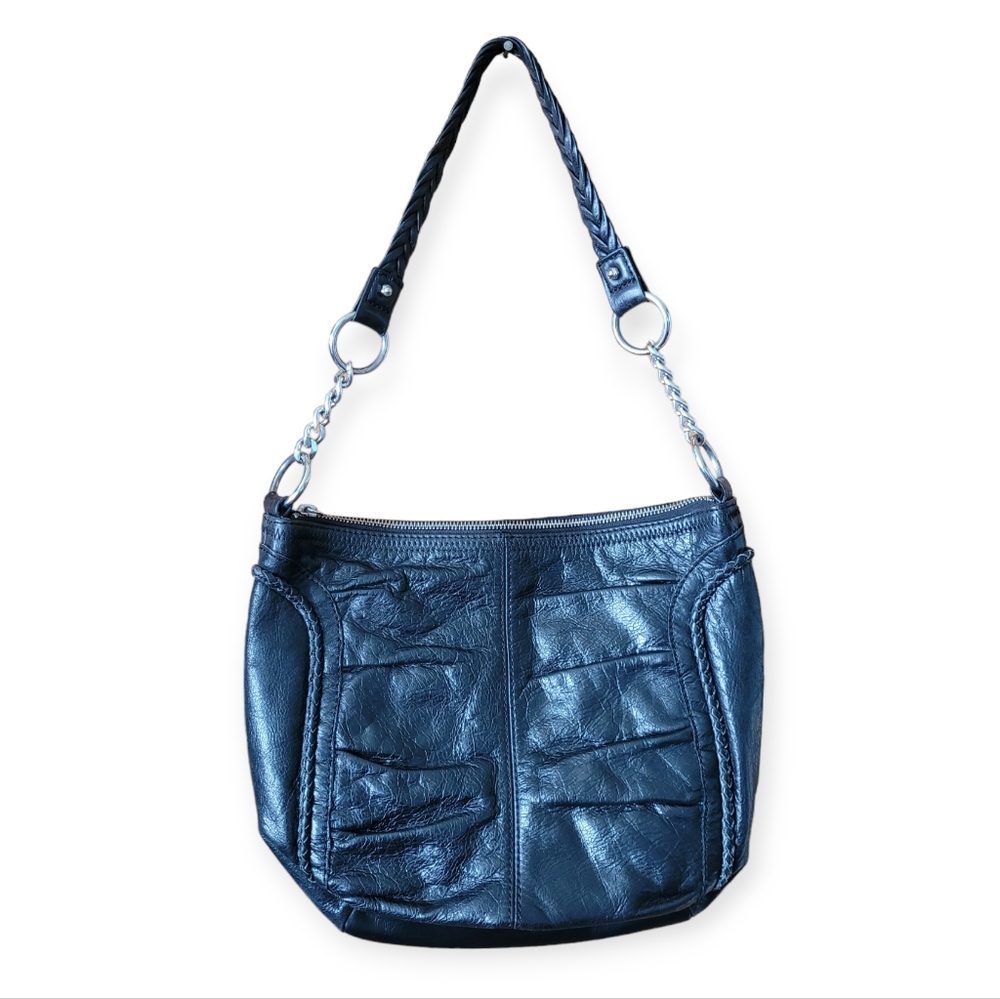 Vintage Y2K Ruched Leather Hobo Shoulder Bag with Rings And Chain Large Black